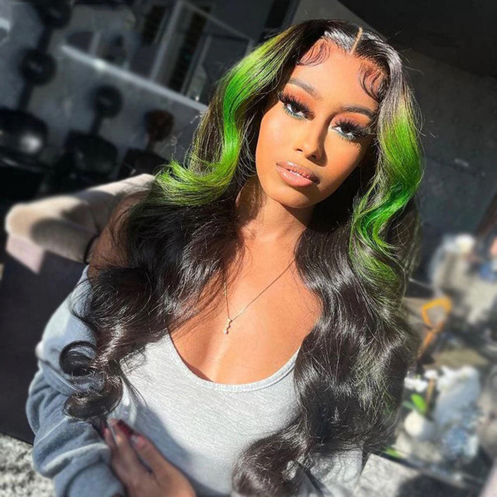 Sterly Green Skunk Stripe Body Wave Transparent Lace 13×4 Frontal Human Hair Wig
