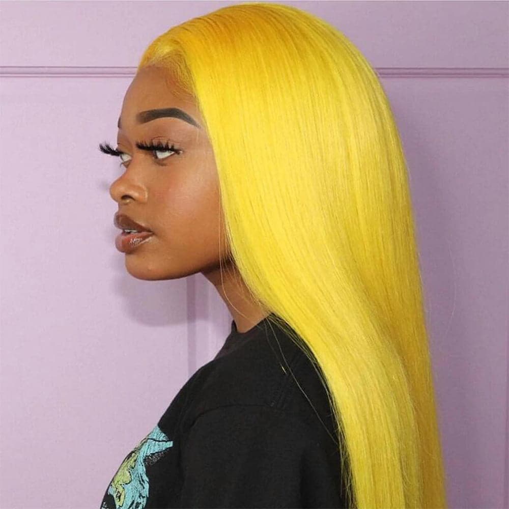 Sterly Yellow Long Silky Straight 13×4 Frontal Lace Wig Colored Human Hair Wigs