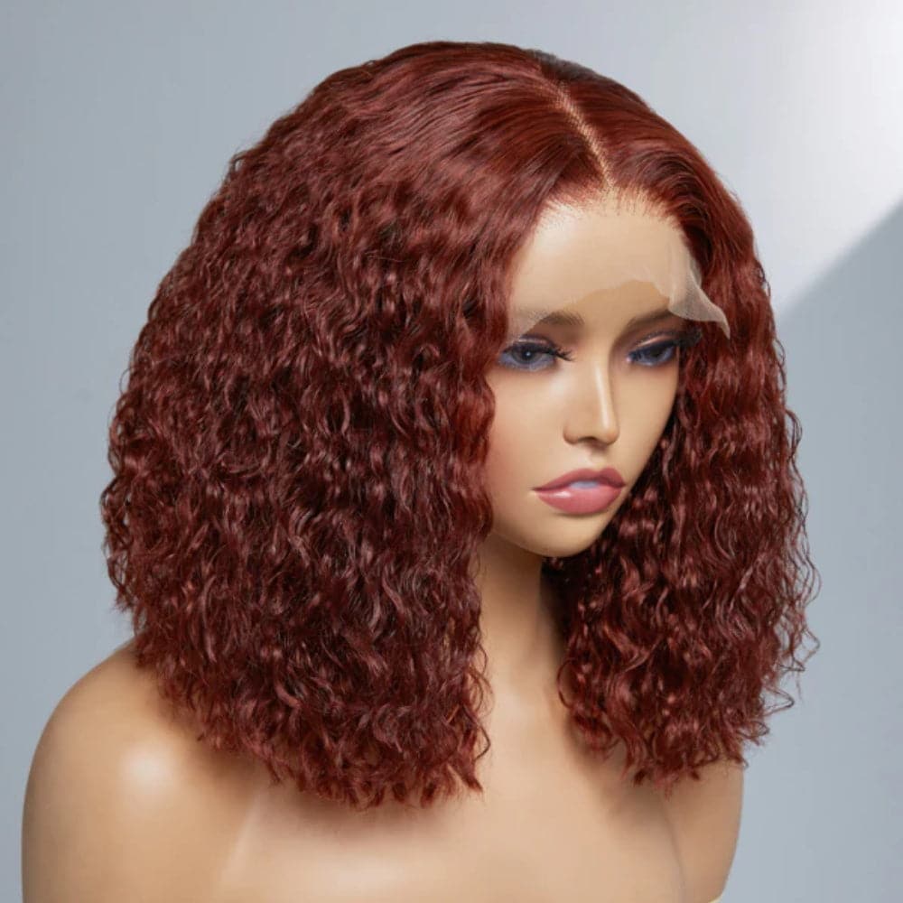 Sterly #33 Reddish Brown Colored Short Bob Wig 13×4 HD Lace Frontal Wig Curly Human Hair