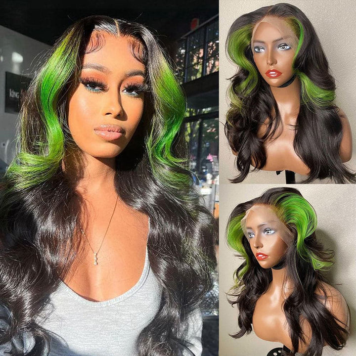 Sterly Green Skunk Stripe Body Wave Transparent Lace 13×6 Frontal Human Hair Wig Blonde Magic - sterlyhair