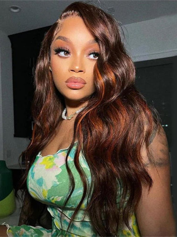 Sterly Orange Highlights With Chocolate Brown Colored Human Hair Wig Body Wave 13x4 Lace Front Wigs - sterlyhair