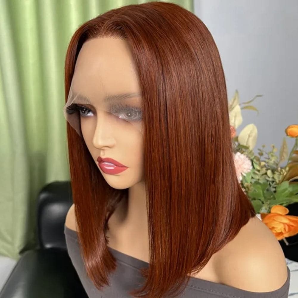 Sterly Reddish Brown 13×6 HD Transparent Lace Sleek Straight Bob Human Hair Wig