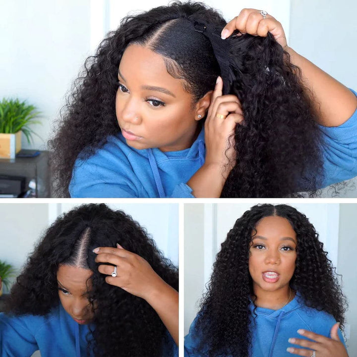 New Drawstring V Part Curly Wig No Leave Out And No Sew In Human Hair Wigs - sterlyhair