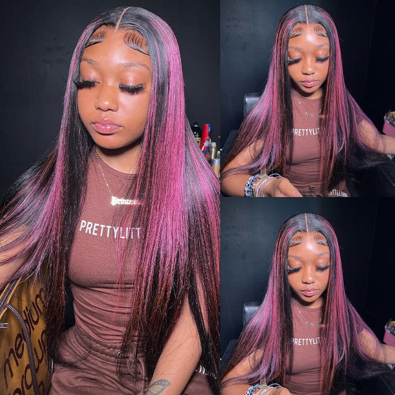 Sterly Transparent Lace Black Hair With Red Purple Highlights Straight Human Hair Wigs - sterlyhair