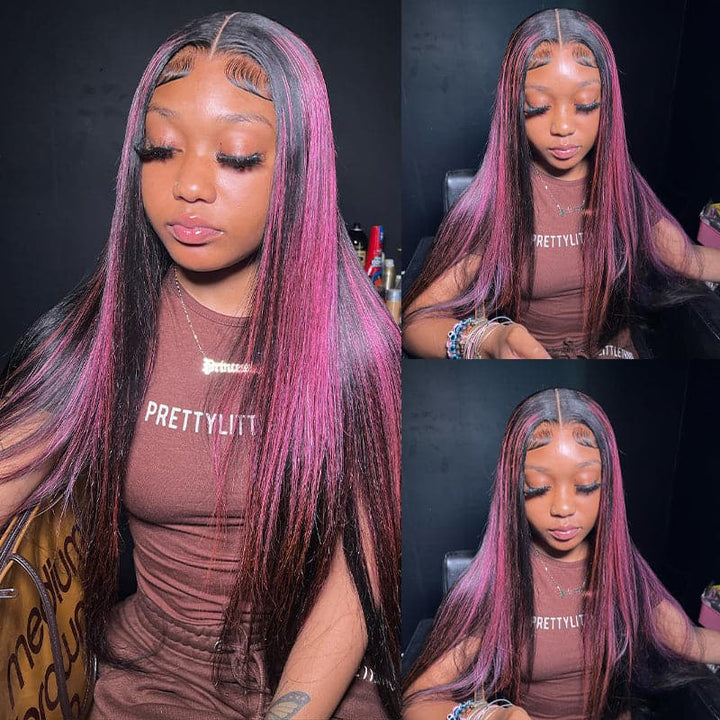 Sterly Transparent Lace Black Hair With Red Purple Highlights Straight Human Hair Wigs - sterlyhair