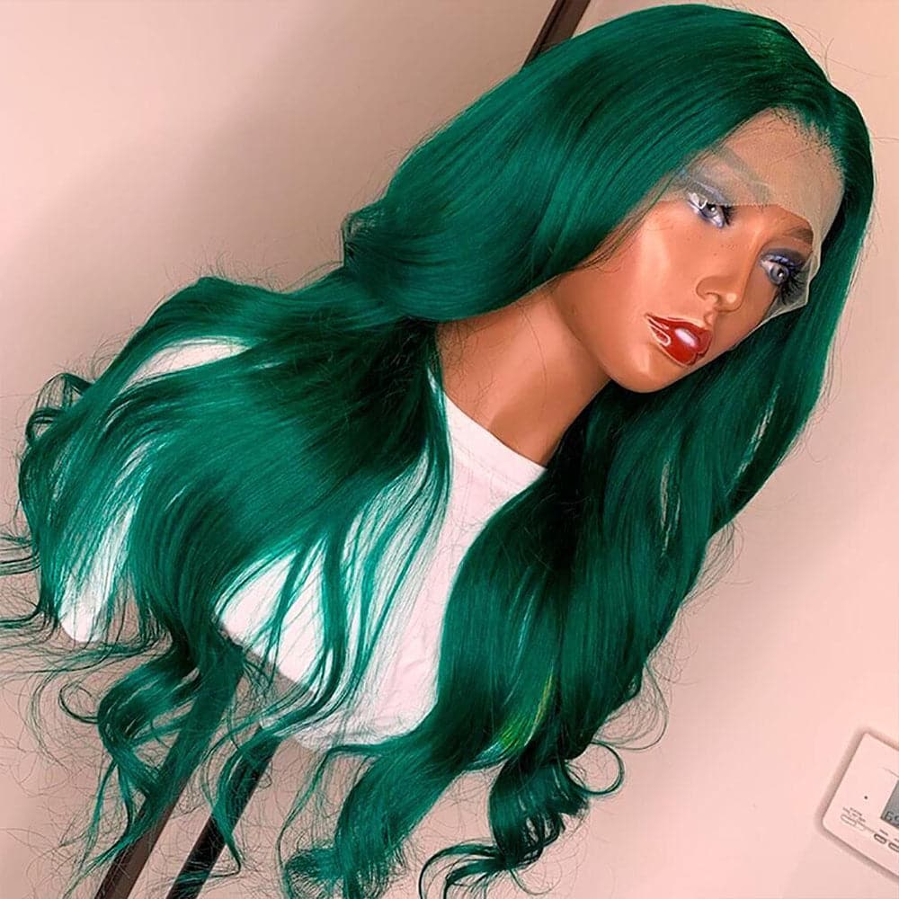 Sterly Emerald Green Wavy Wig Human Hair Body Wave Long Colored Lace Front Wigs - sterlyhair