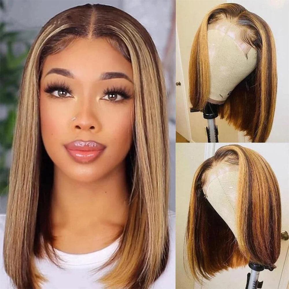 HD Transparent Highlight Bob Wigs Human Hair Sterly P4/27 Straight 4×4/13×6 Lace Front Bob Wigs