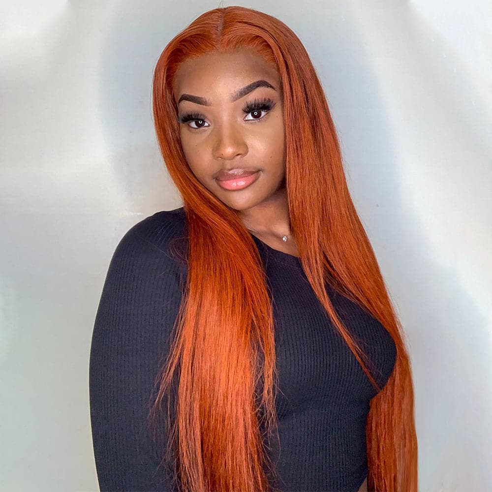 Sterly Ginger Orange Color Glueless Straight Transparent Lace Frontal Wigs Human Hair