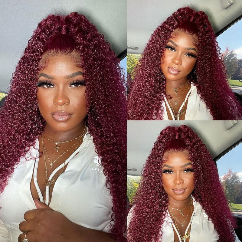 Perruques de cheveux bouclés Sterly #99J bordeaux avec dentelle frontale pour femme 