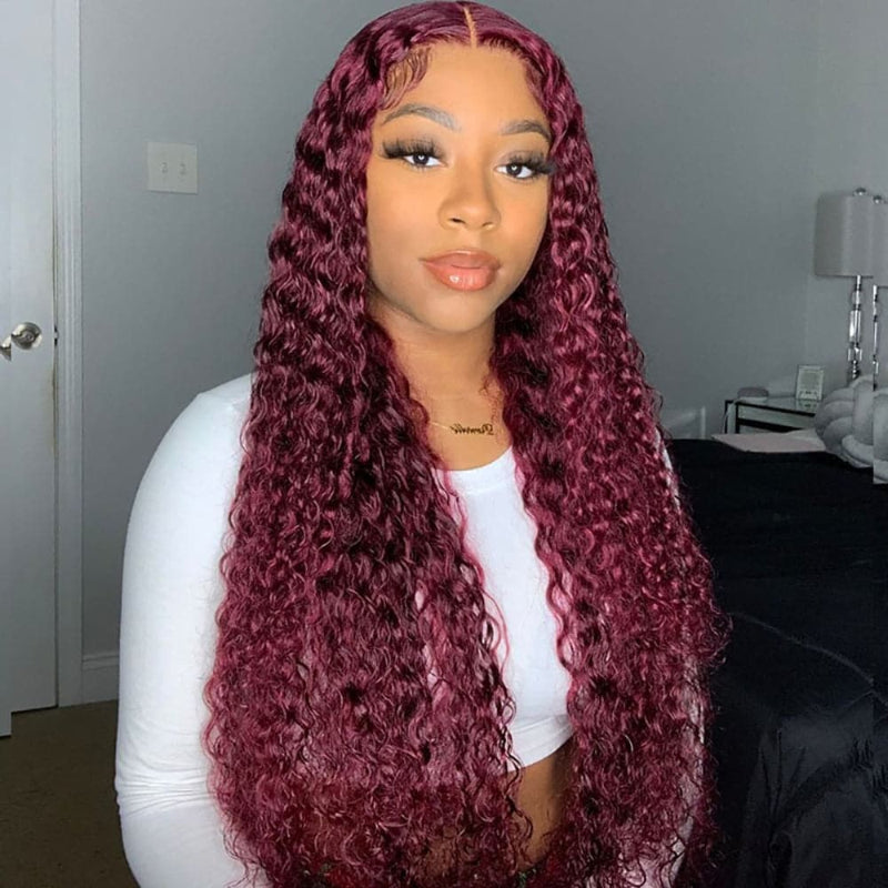 Perruques de cheveux bouclés Sterly #99J bordeaux avec dentelle frontale pour femme 