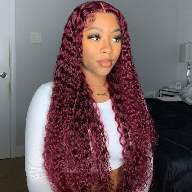 Perruques de cheveux bouclés Sterly #99J bordeaux avec dentelle frontale pour femme 