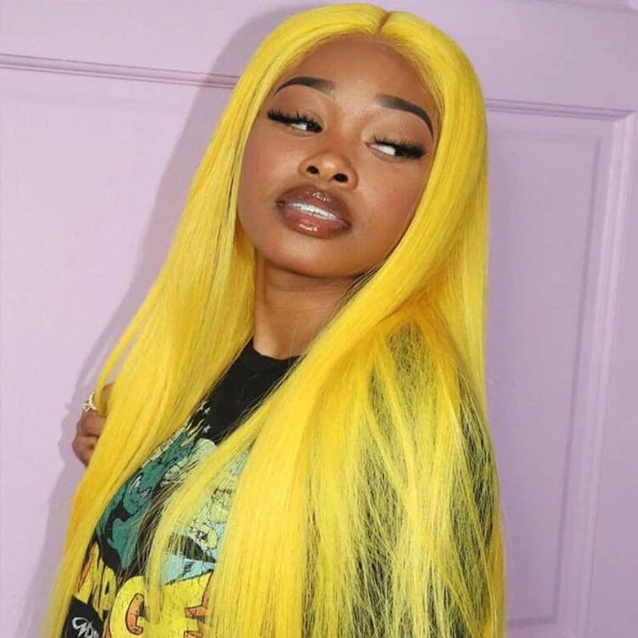 Sterly Yellow Long Silky Straight 13×6 Frontal Lace Wig Colored Human Hair Wigs - sterlyhair