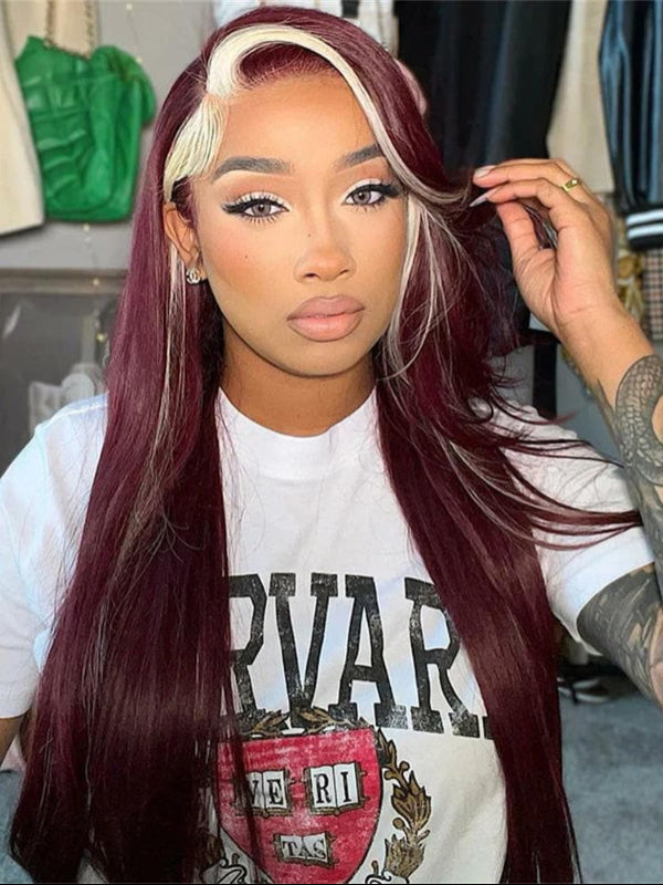 Sterly Hair Straight 13×6 Lace Front Burbundy &amp; Blonde Skunk Stripe Body Wave Wig Blonde Magic - sterlyhair