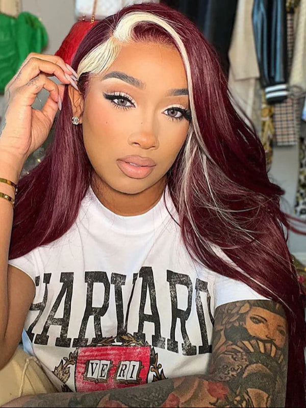 Sterly Hair Straight 13×6 Lace Front Burbundy & Blonde Skunk Stripe Body Wave Wig