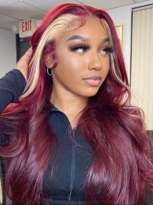 Sterly Hair Straight 13×6 Lace Front Burbundy &amp; Blonde Skunk Stripe Body Wave Wig Blonde Magic - sterlyhair