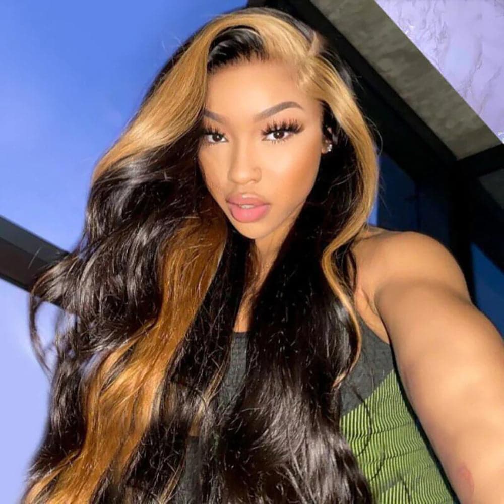 Sterly Skunk Stripe Body Wave Frontal Wig Black Wigs With 