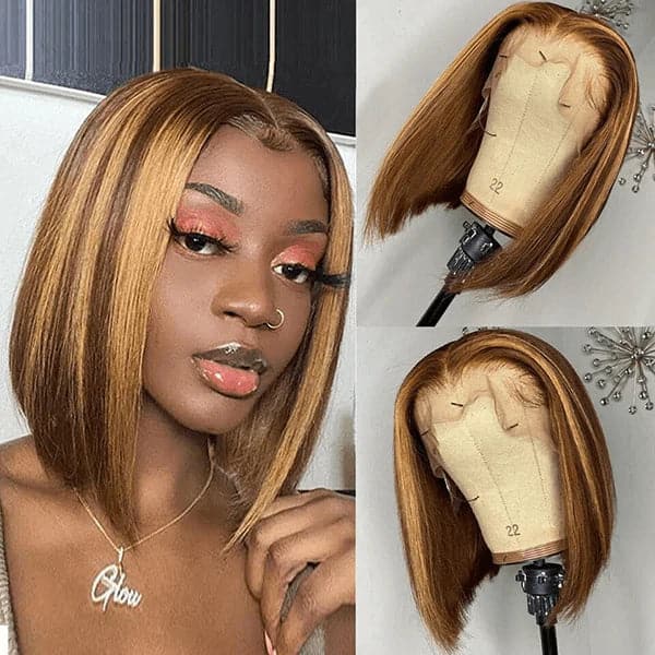 HD Transparent Highlight Bob Wigs Human Hair Sterly P4/27 Straight 4×4/13×6 Lace Front Bob Wigs