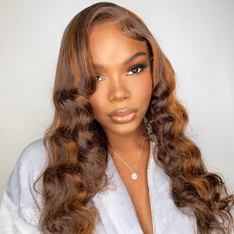 Sterly Orange Highlights With Chocolate Brown Colored Human Hair Wig Body Wave 13x4 Lace Front Wigs