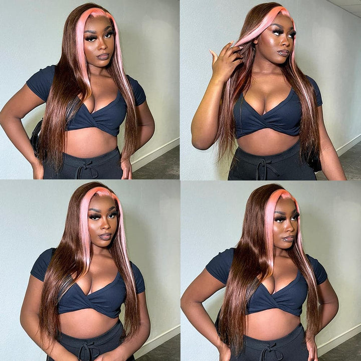 Sterly Pink with Light Brown Skunk Stripe Transparent Lace Body Wave Frontal Wig Blonde Magic - sterlyhair