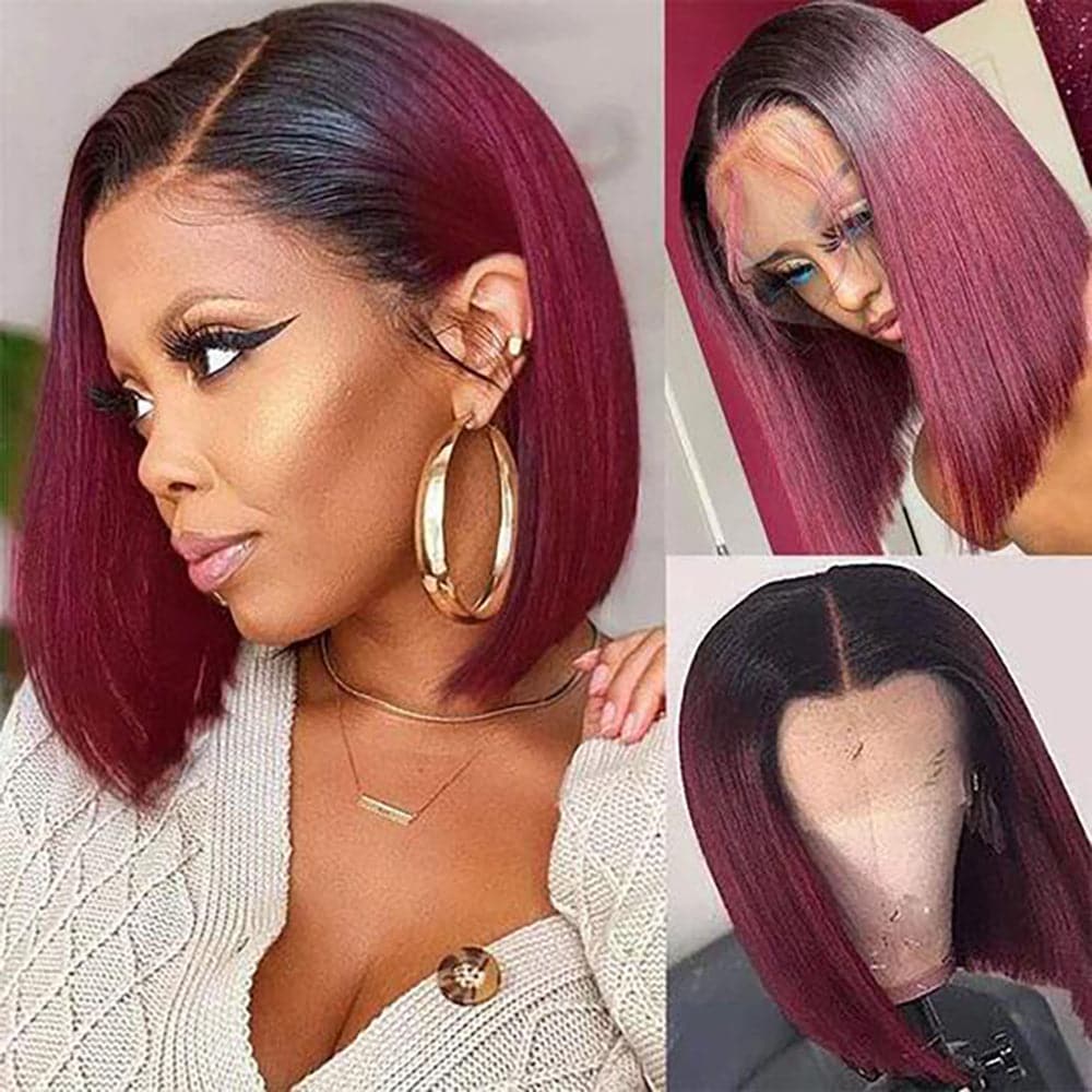 Sterly 1B/99J Burgundy Ombre 13x4 Lace Front Wig Straight Human Hair Bob Wigs for Black Women