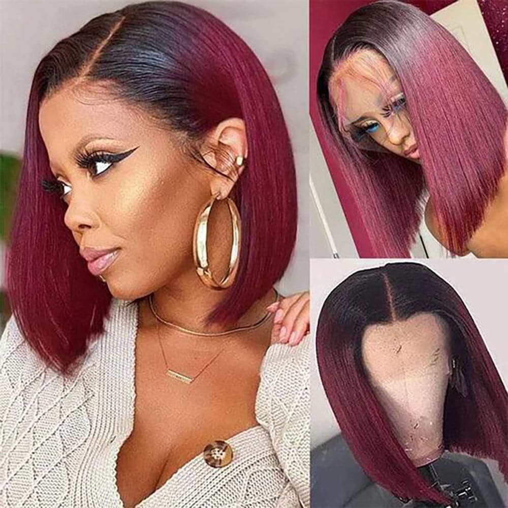 Sterly 1B/99J Burgundy Ombre 13x6 Lace Front Wig Straight Human Hair Bob Wigs - sterlyhair
