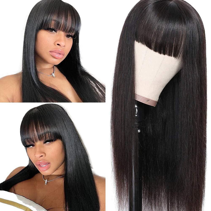 Sterly Silky Virgin Straight Human Hair Wigs with Bangs None Lace Front Wigs - sterlyhair