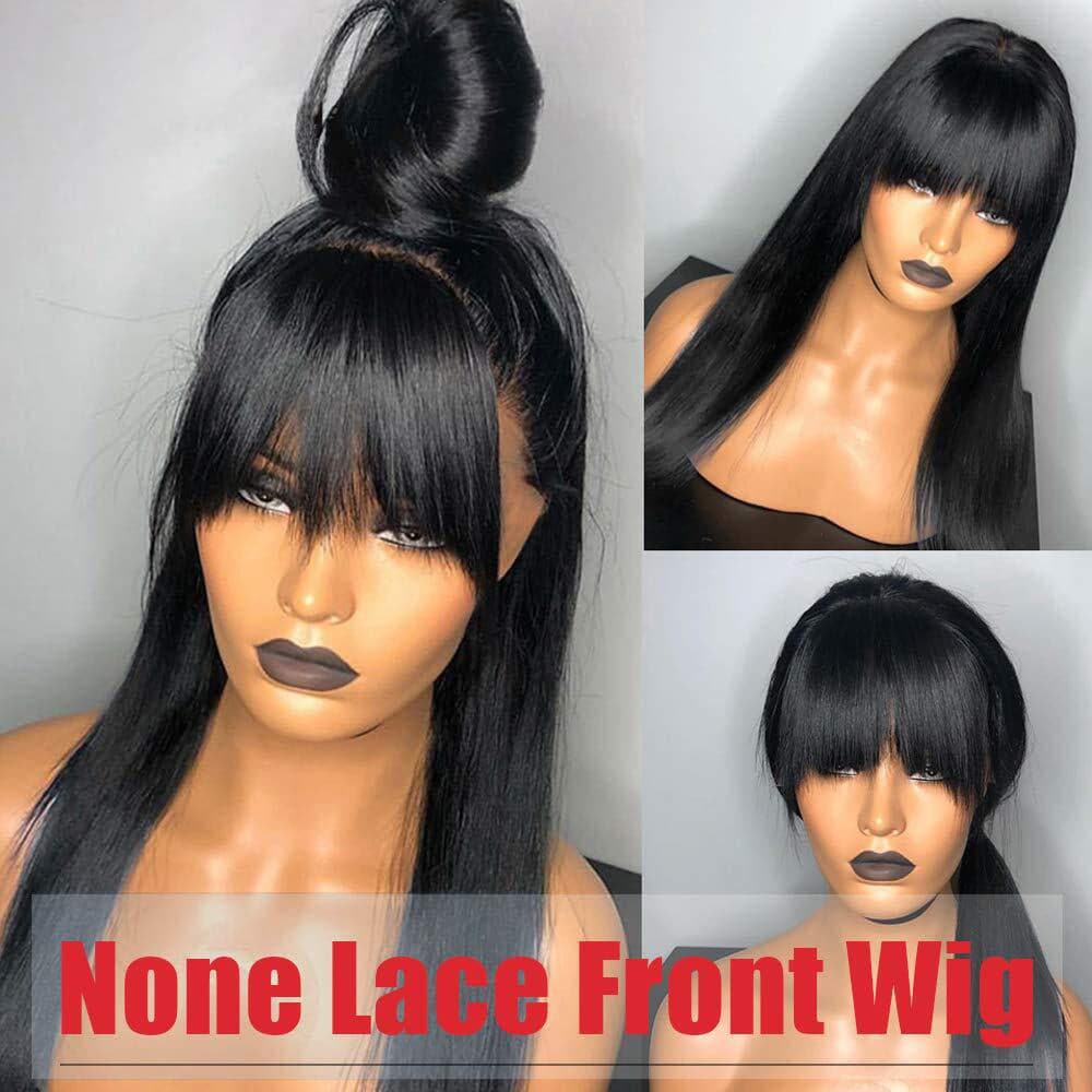 Sterly Silky Virgin Straight Human Hair Wigs with Bangs None Lace Front Wigs