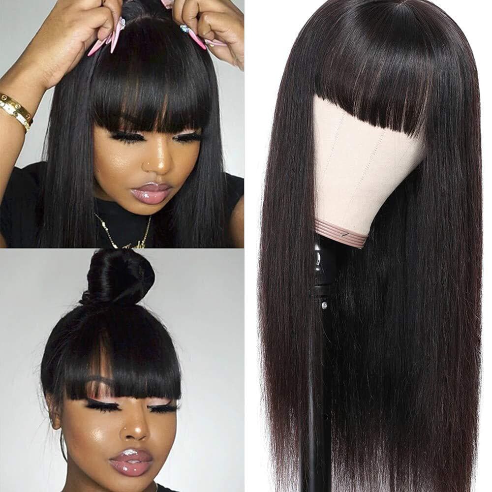 Sterly Silky Virgin Straight Human Hair Wigs with Bangs None Lace Front Wigs